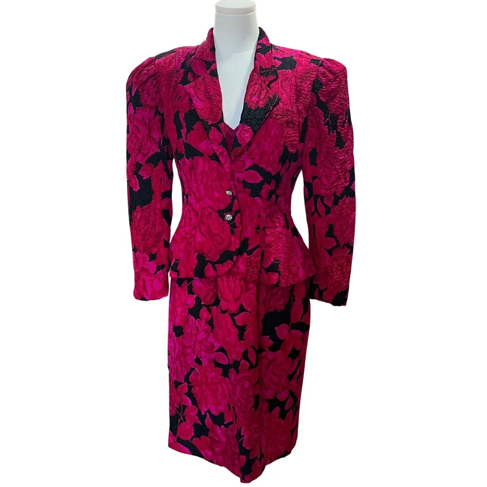 Vintage Rickie Freeman Teri Jon Silk Brocade Strapless Dress Set Fuchsia Black 6
